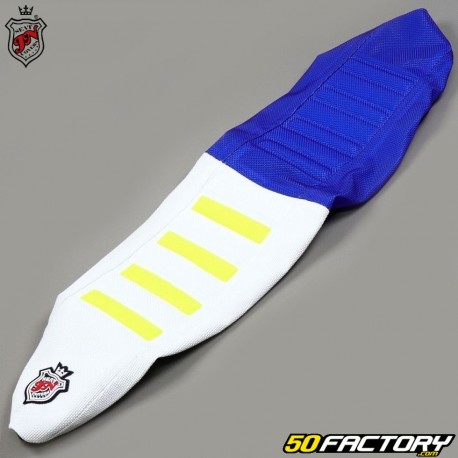 Funda de asiento Husqvarna FC, TC (desde 2019), TE (de 2020) 350 y 450 JN Seats azul, blanco y amarillo fluorescente