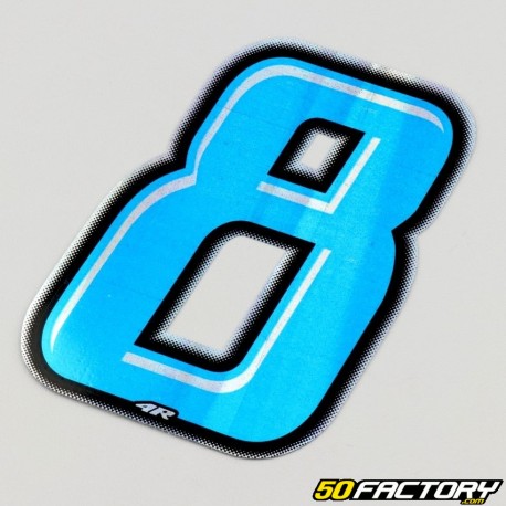 Number 8 sticker blue holographic black edging 10 cm