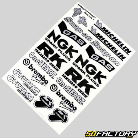 Stickers Champion, SKF, Brembo... 34x24 cm noirs (planche)